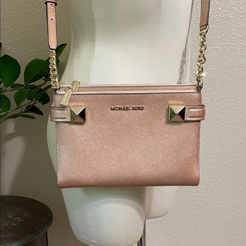 Michael Kors Pink Metallic Crossbody with Gold Chain